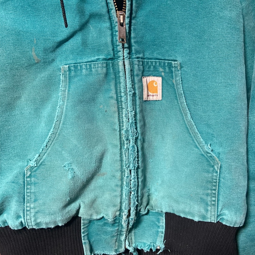 Vintage Carhartt Men’s faded Teal Distressed Hooded Work Jacket XL - Picture 2 of 12
